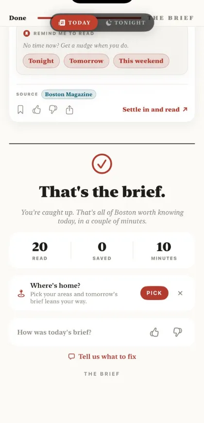 The Brief: the end screen reading That is the brief, with counts for stories read, saved and minutes