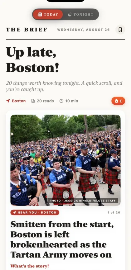 The Brief: the top of a daily edition, headlined Up late, Boston, with a count of 20 reads and 10 minutes