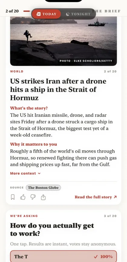 The Brief: a world news story with What is the story and Why it matters to you sections, above a reader poll