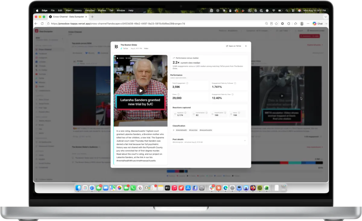 DataDumpster.Boston open on a laptop, showing a competitor video post alongside its engagement metrics